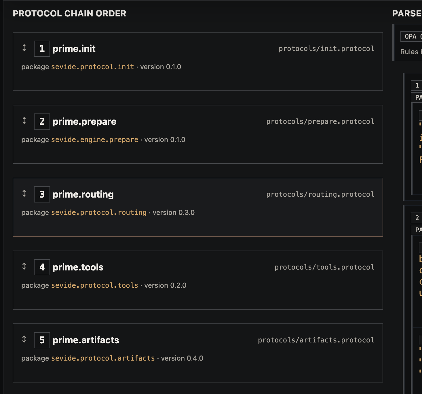 Sevide Engine protocol chain editor showing ordered init, prepare, routing, tools, and artifacts protocols